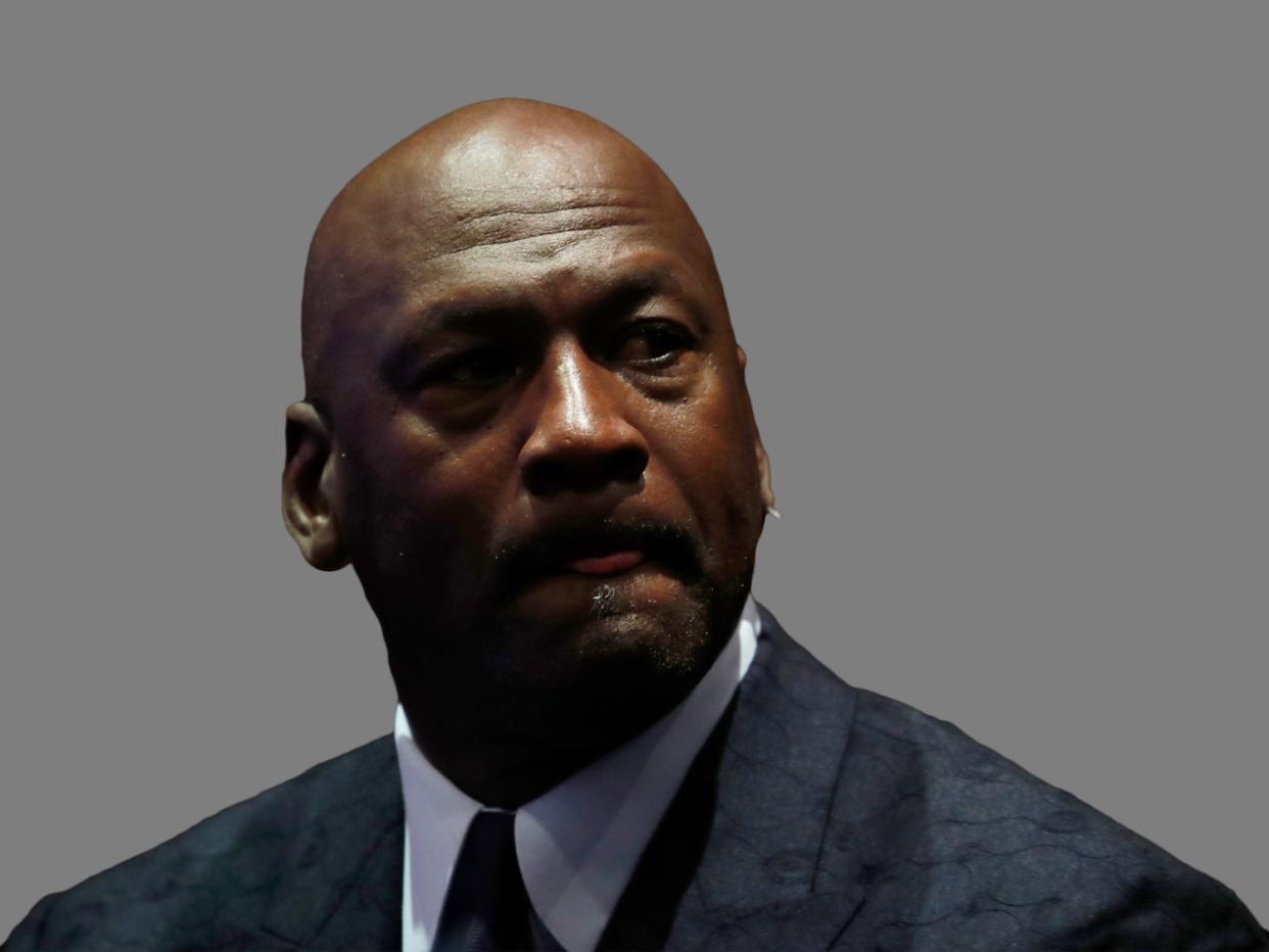 Michael Jordan headshot, as former NBA player, cries while speaking during a celebration of life for Kobe Bryant and his daughter Gianna, Los Angeles, graphic element on gray