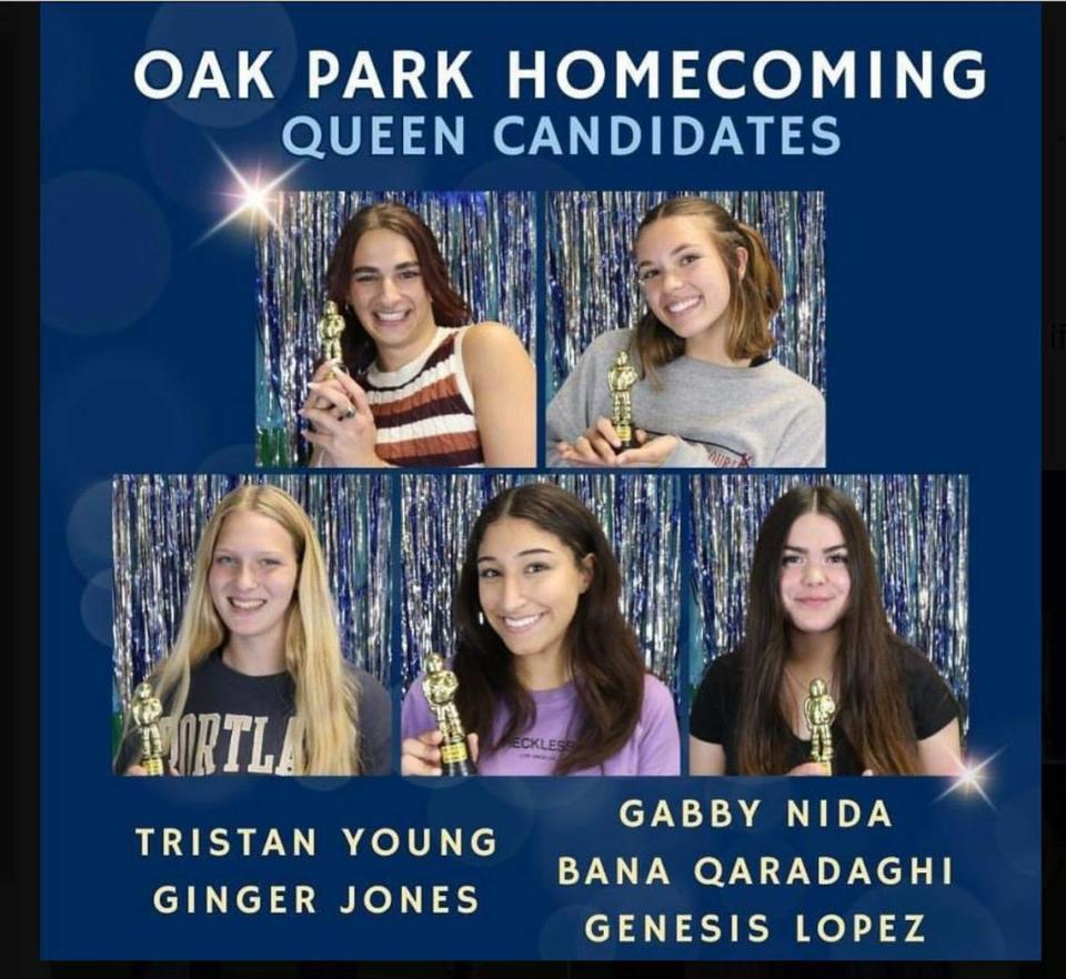Announcement of Oak Park High School homecoming queen candidates.