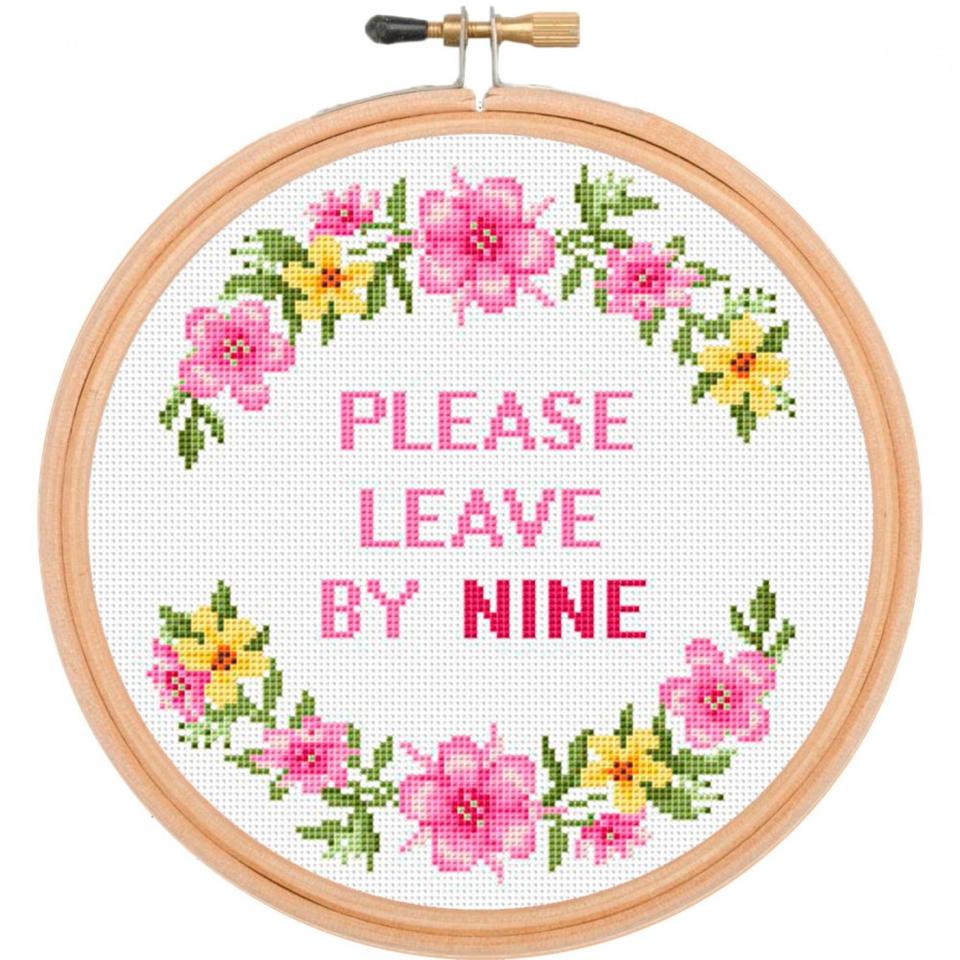 Cross-stitch that says, "Please leave by nine"