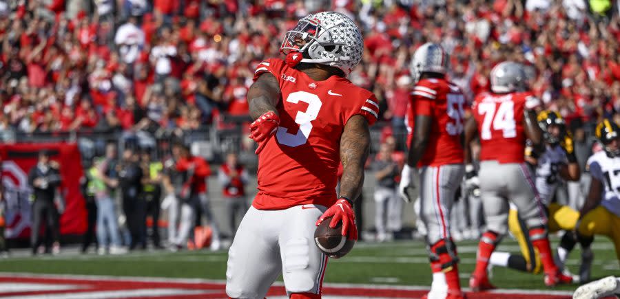 COLUMBUS, OHIO – OCTOBER 22: Running back Miyan Williams #3 of the Ohio State Buckeyes celebrates a touchdown in the first quarter against the Iowa Hawkeyes at Ohio Stadium on October 22, 2022 in Columbus, Ohio. (Photo by Gaelen Morse/Getty Images)