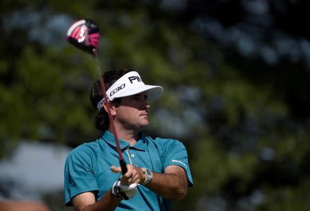 Aug 28, 2015; Edison, NJ, USA; Bubba Watson tees off at the 7th hole during the second round of The Barclays at Plainfield Country Club. Mandatory Credit: Eric Sucar-USA TODAY Sports