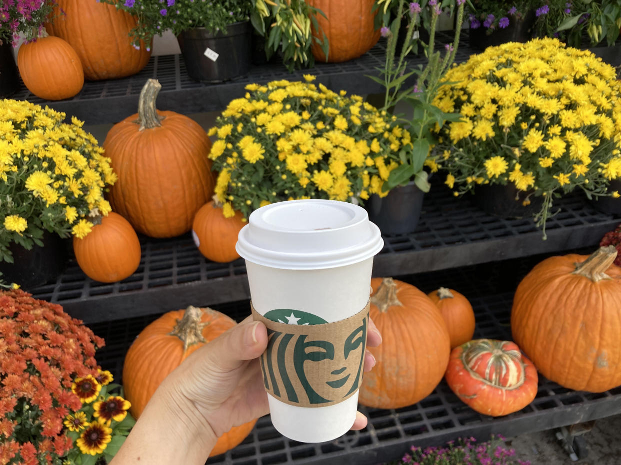A pumpkin spice latte pictured with pumpkins and mums in the background.