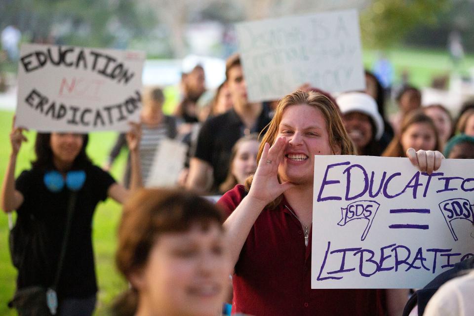 FSU junior Jason Carles marches at Florida State University on Wednesday, Feb. 8, 2023, to protest Gov. Ron DeSantis’s push to defund and close diversity, equity and inclusion programs on campuses.