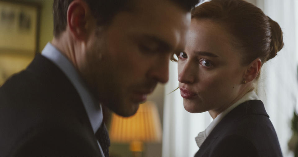 This image released by Netflix shows Alden Ehrenreich, left, and Phoebe Dynevor in a scene from "Fair Play." (Netflix via AP)