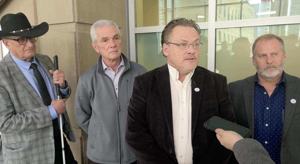 From left: Mel Foat, Stephen Hanley, Jeff Colvin and Blaine Funk have unsuccessfully argued twice in the Court of King's Bench that their dismissals from council should be set aside until a judicial review can be held. (Bryan Labby/CBC - image credit)