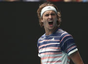 Germany's Alexander Zverev reacts after defeating Belarus' Egor Gerasimov during their second round singles match at the Australian Open tennis championship in Melbourne, Australia, Thursday, Jan. 23, 2020. (AP Photo/Dita Alangkara)