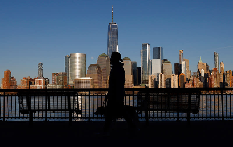 Man takes dog for walk in New York City