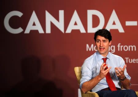 Canadian Prime Minister Justin Trudeau speaks during the Canada-India business forum in Mumbai, India, February 20, 2018. REUTERS/Danish Siddiqui