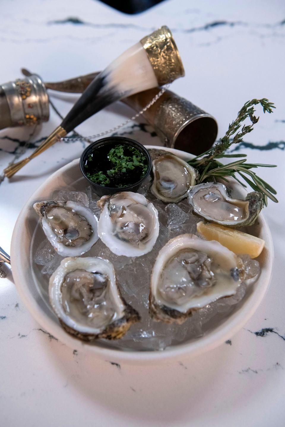 Oysters on the half shell from three different locations are on the menu of the new Pearl & Horn restaurant in downtown Pensacola.