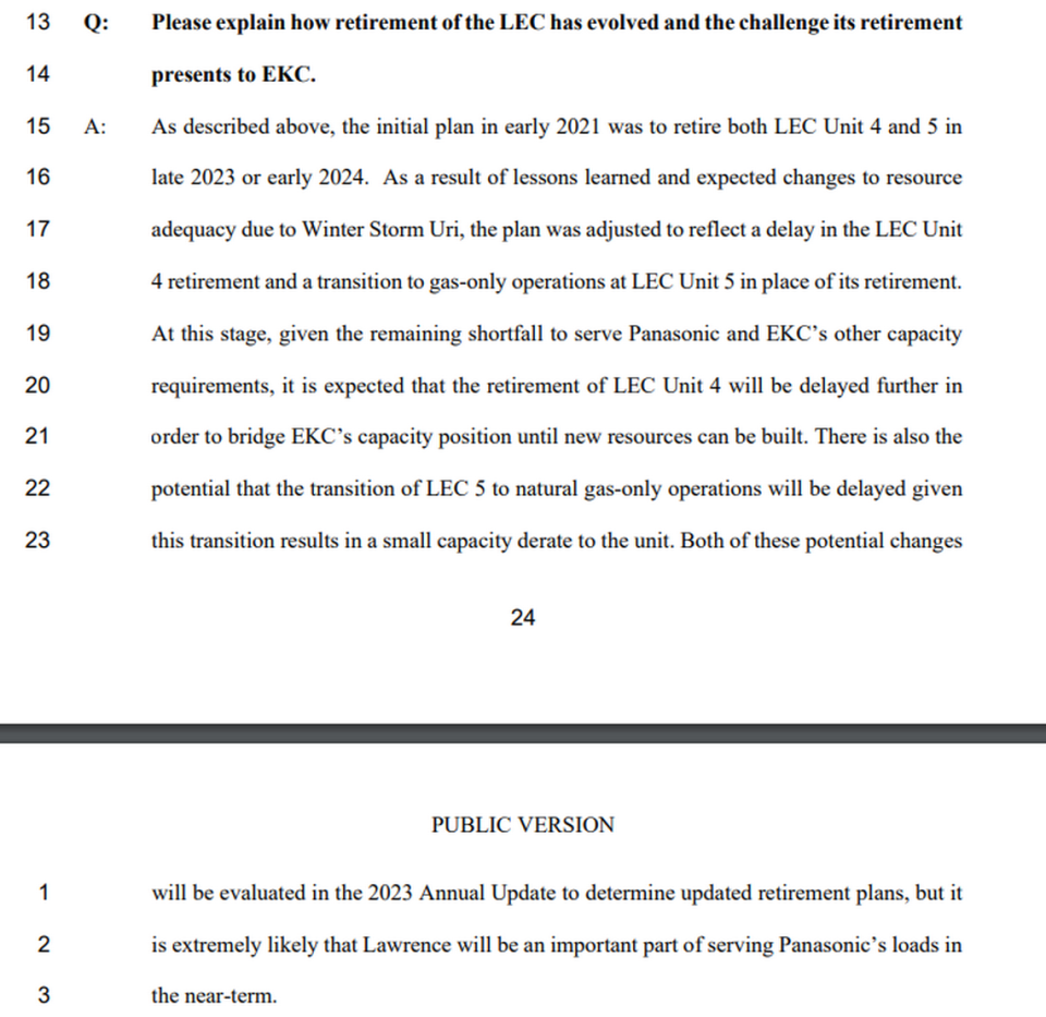 Documents filed by Evergy with the Kansas Corporation Commission show how the Panasonic battery plant is playing into Evergy’s decision to delay retirement of a coal-fired power plant unit.