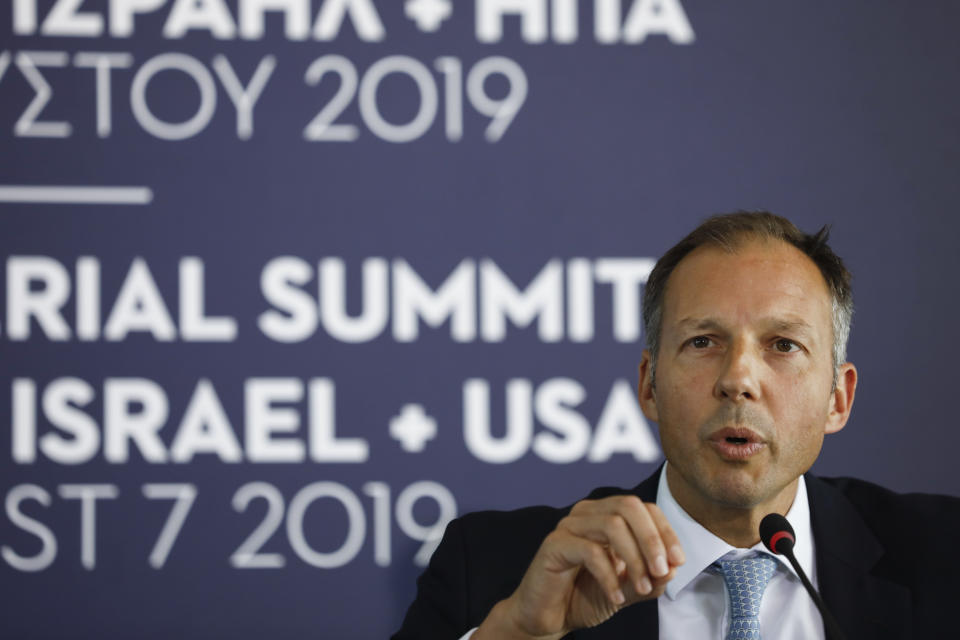 U.S. Assistant Secretary of State of Energy Francis Fannon, speaks during a summit in Athens, on Wednesday, Aug. 7, 2019. Ministers of Greece , Cyprus Israel and US participated Wednesday in the first Energy Ministerial Summit. (AP Photo/Petros Giannakouris)