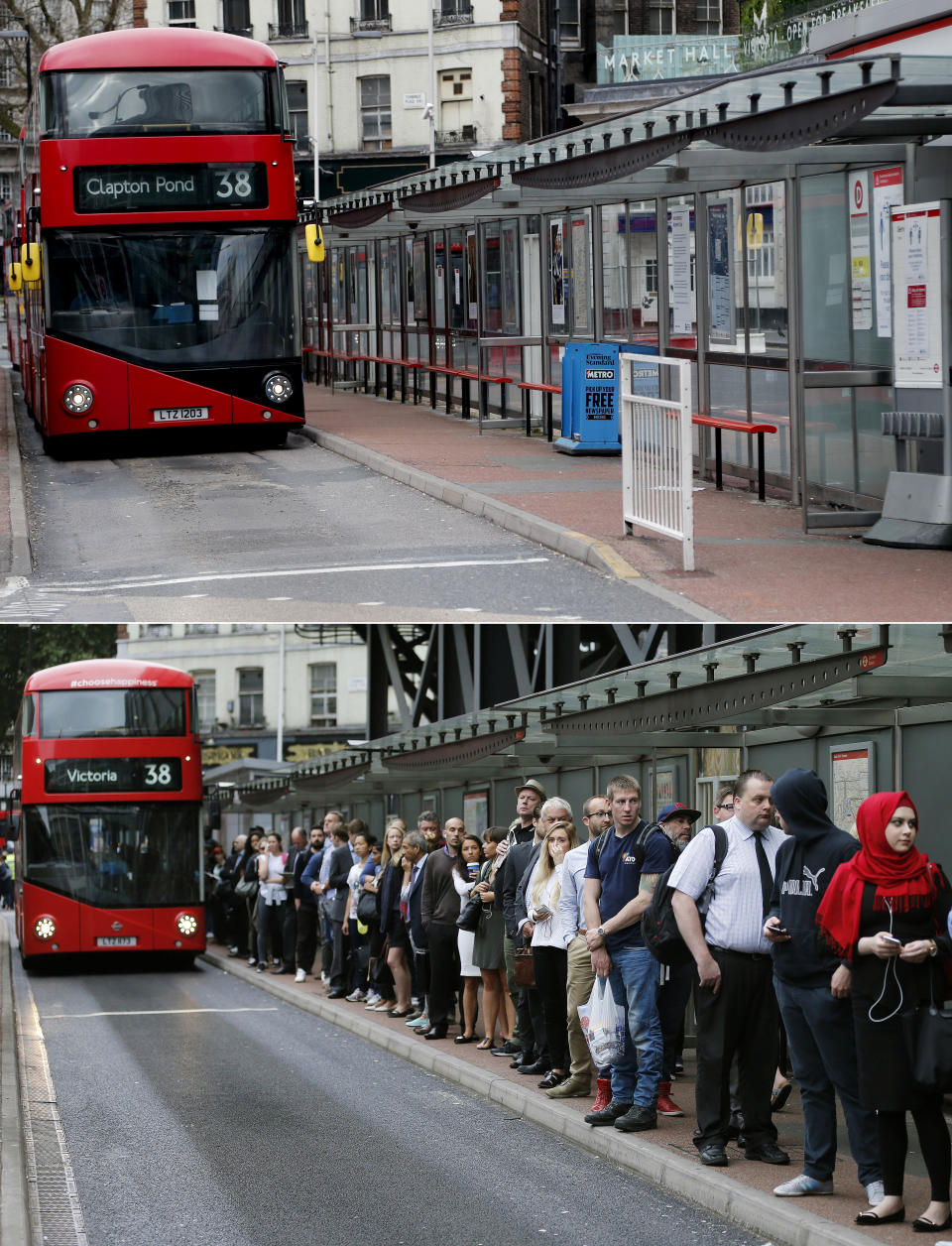 A combo of images shows people queuing for a bus at Victoria Station in London, on Thursday, Aug. 6, 2015 and an image taken from the same angle on Thursday, April 2, 2020. When Associated Press photographer Frank Augstein moved to London in 2015, what struck him most was the crowds. In years of covering political dramas, moments of celebration and tragedy and major sporting events, Augstein's photographs have captured the city's ceaseless movement. Augstein revisited in recent days many of sites he has photographed, after Britain — like other countries around the world — went into effective lockdown to stem the spread of the new coronavirus.(AP Photo/Frank Augstein)