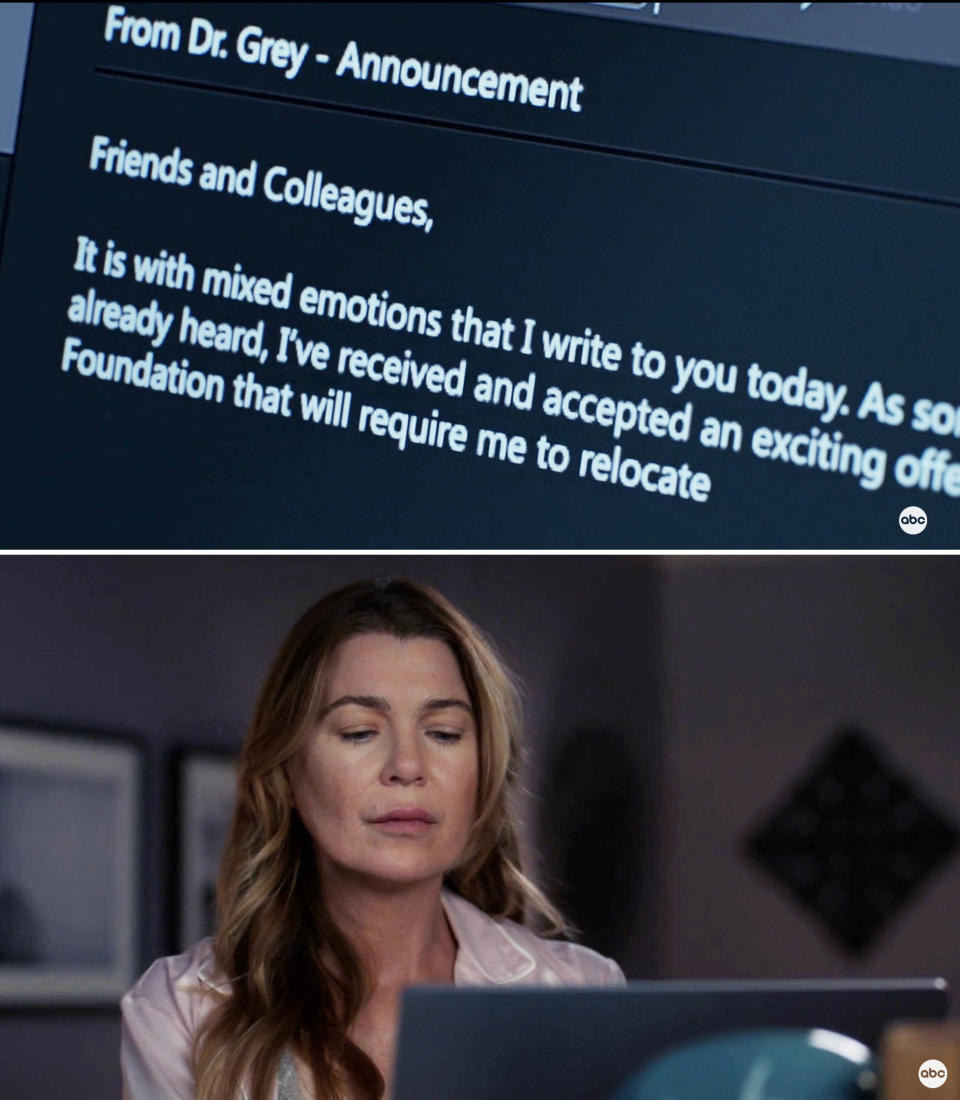 Meredith typing the resignation letter