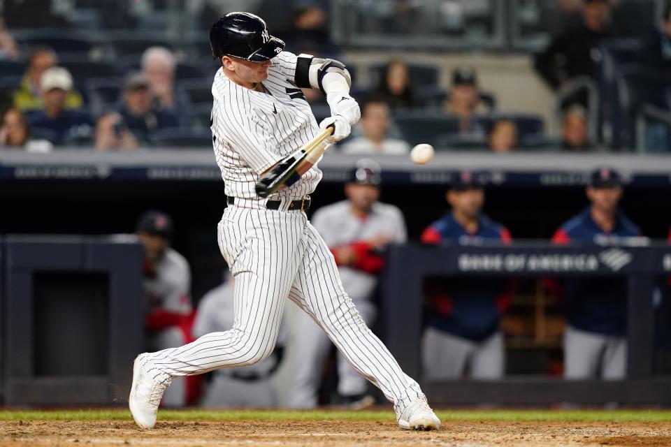 New York Yankees' Josh Donaldson hits a walk-off RBI single during the 10th inning of a baseball game Thursday, Sept. 22, 2022, in New York. The Yankees won 5-4. (AP Photo/Frank Franklin II)