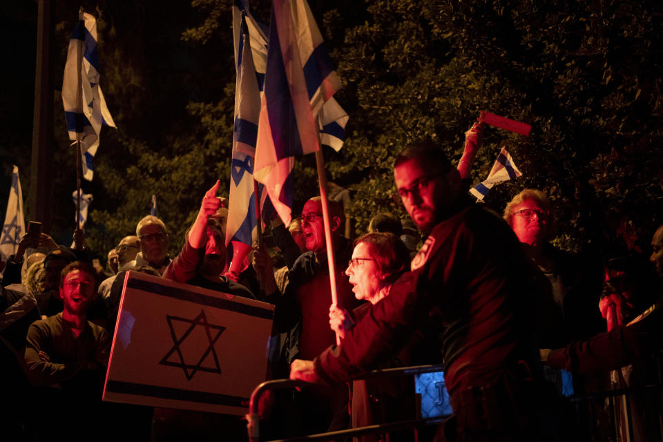 Israelis protest against plans by Prime Minister Benjamin Netanyahu's new government to overhaul the judicial system, in Jerusalem, Wednesday, March 1, 2023. (AP Photo/Maya Alleruzzo)