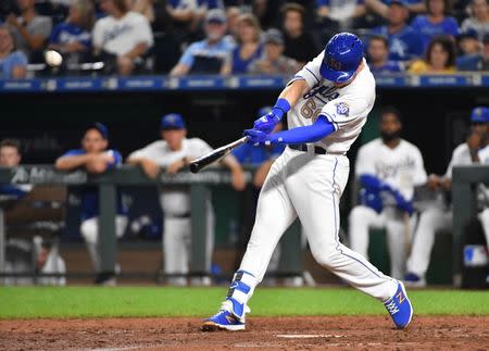 Aug 31, 2018; Kansas City, MO, USA; Kansas City Royals first baseman Ryan O'Hearn (66) connects for a two run home run in the eight inning against the Baltimore Orioles at Kauffman Stadium. The Royals won 9-2. Mandatory Credit: Denny Medley-USA TODAY Sports