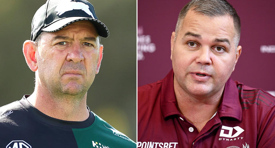 From left to right, Souths coach Jason Demetriou and Manly counterpart Anthony Seibold.