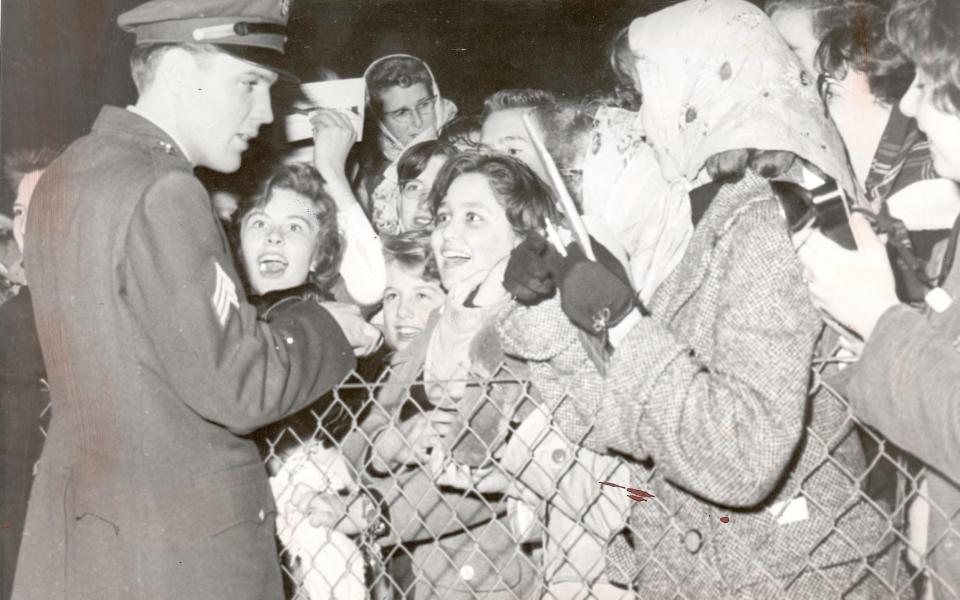 Elvis Presley meets fans at Prestwick Airport in Scotland