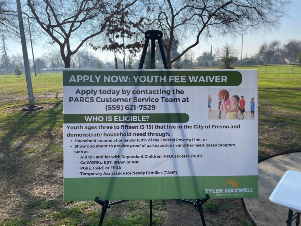 Fresno City Council President Tyler Maxwell, Mayor Jerry Dyer, and PARCS Director Aaron Aguirre announced a new Youth Sports Fee Waiver Program offered through the PARCS department on Jan. 25, 2023 at Einstein Park.