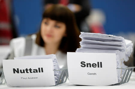 Ballot papers sit in the trays of the candidates for UKIP and the Labour party during the Stoke Central by-election count in Stoke on Trent, February 24, 2017. REUTERS/Darren Staples