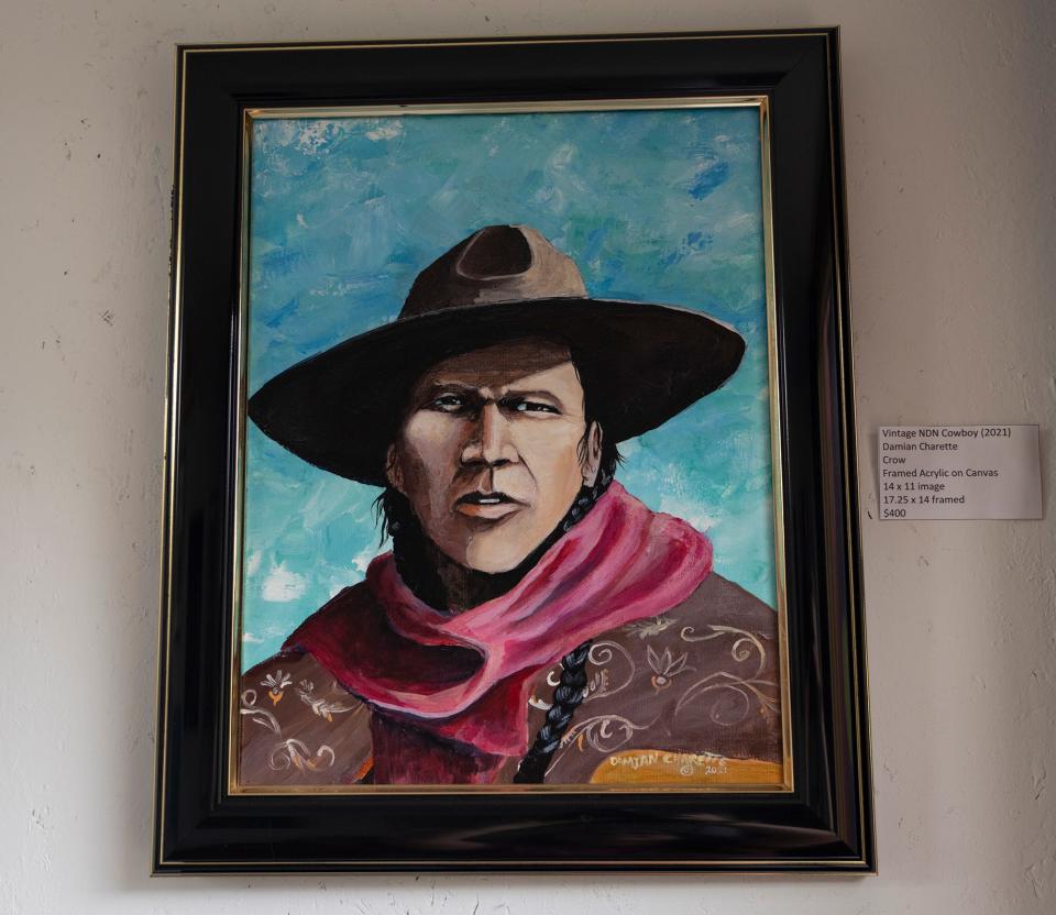 "Vintage NDN Cowboy" by Damian Charette is one of the pieces on display and for sale at WYLD Gallery. Charette says he started getting in trouble for doodling at a young age. A high school teacher recognized his talent and helped to start nurturing it.