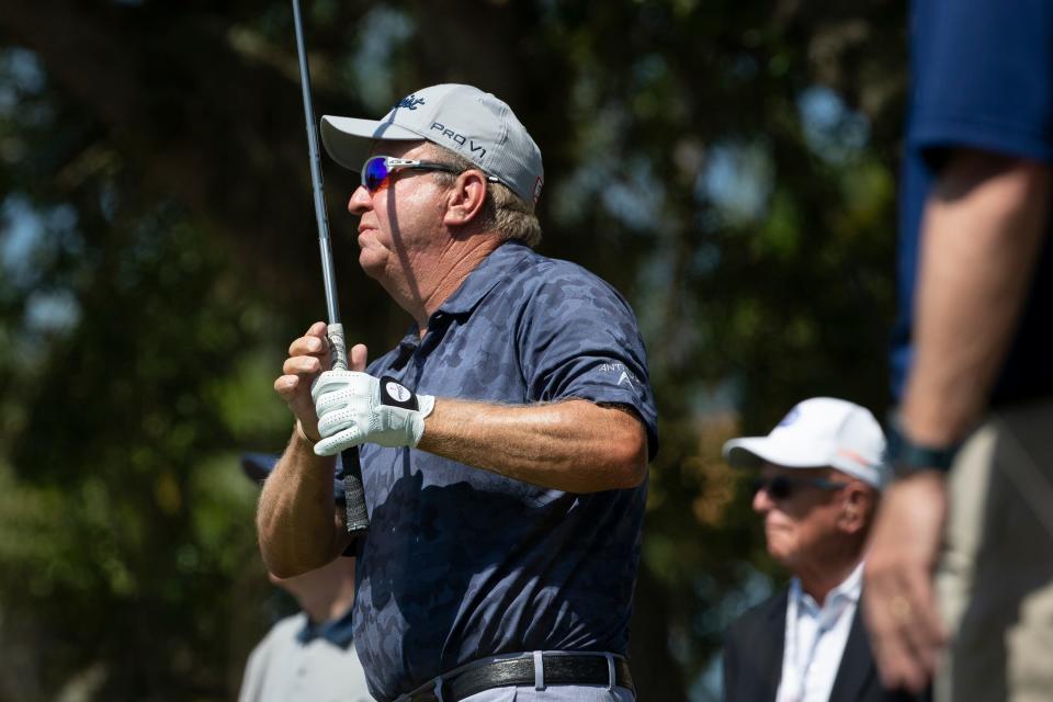 Billy Mayfair tees off at the first hole during the Chubb Classic Pro Am, Wednesday, April 14, 2021, at the Tiburon Golf Club in North Naples. 