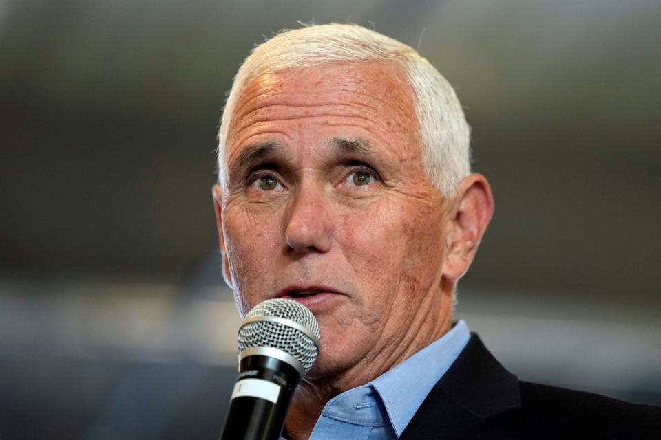 PHOTO: Republican presidential candidate former Vice President Mike Pence speaks at the Northside Conservatives Club Meeting, Aug. 30, 2023, in Ankeny, Iowa. (Charlie Neibergall/AP)