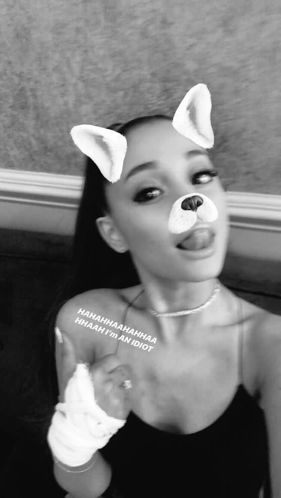 Ariana Grande was a clearly very excited to karaoke with James Corden for their upcoming “Carpool Karaoke” segment on June 7, 2018; the singer reveled a bandaged hand on Twitter and Instagram with the captions “HAHAHHAAHAHHAAHHAAH I’m AN IDIOT” and “but i LOVE my bandage it looks sick @JKCorden i’ll be ok one day” on Tuesday. Grande appeared to be taking the injury in stride, looking like a trooper and giving a thumbs up. She also informed a questioning fan that they’d see how she got her injury, Tweeting that it was “so……..stupid”.