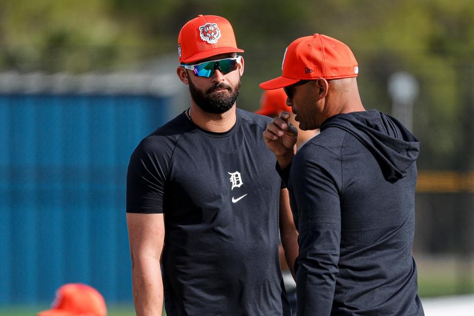 Detroit Tigers outfielder Riley Greene talks to bench coach George Lombard during spring training at TigerTown in Lakeland, Fla. on Tuesday, Feb. 13, 2024.