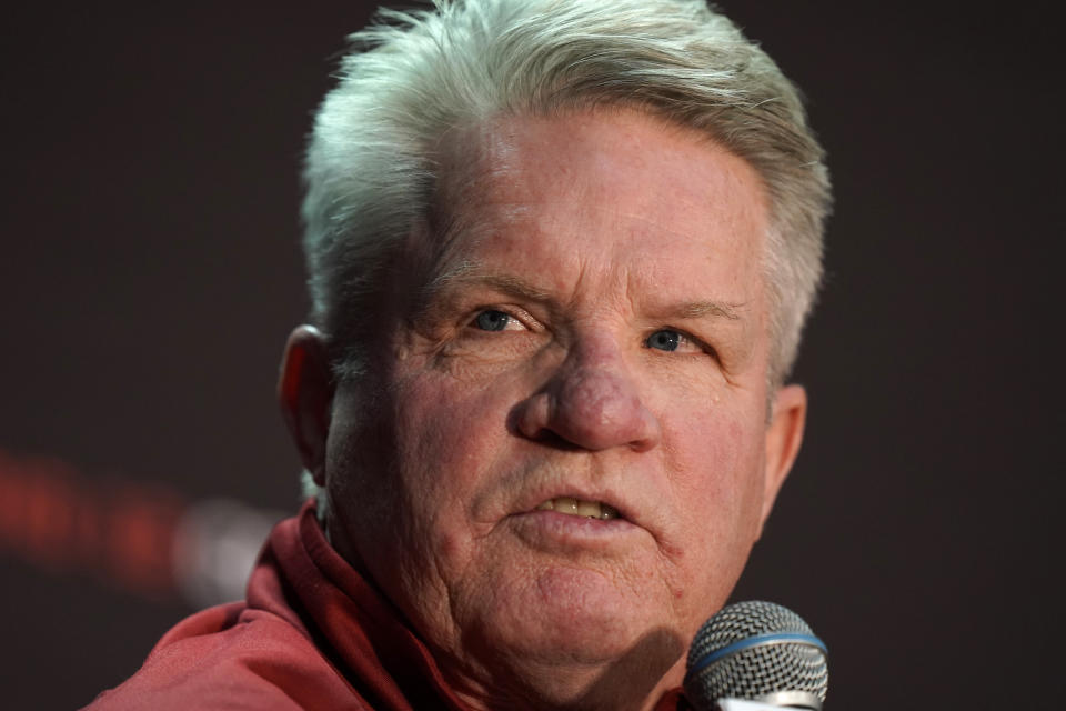 Iowa State head coach Bill Finnelly speaks to the media during Big 12 NCAA college basketball media day Tuesday, Oct. 18, 2022, in Kansas City, Mo. (AP Photo/Charlie Riedel)