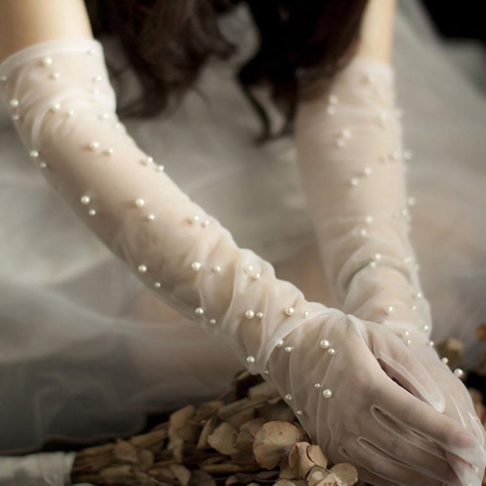 Hand-Made White Sheer Gloves with Pearls
