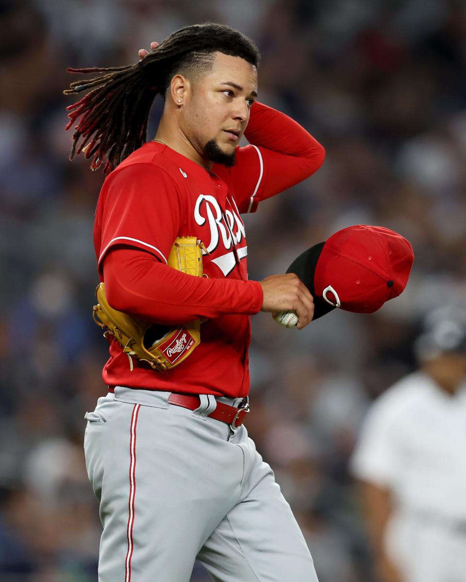 Jul 14, 2022; Bronx, New York, USA; Cincinnati Reds starting pitcher Luis Castillo (58) reacts during the sixth inning against the New York Yankees at Yankee Stadium.