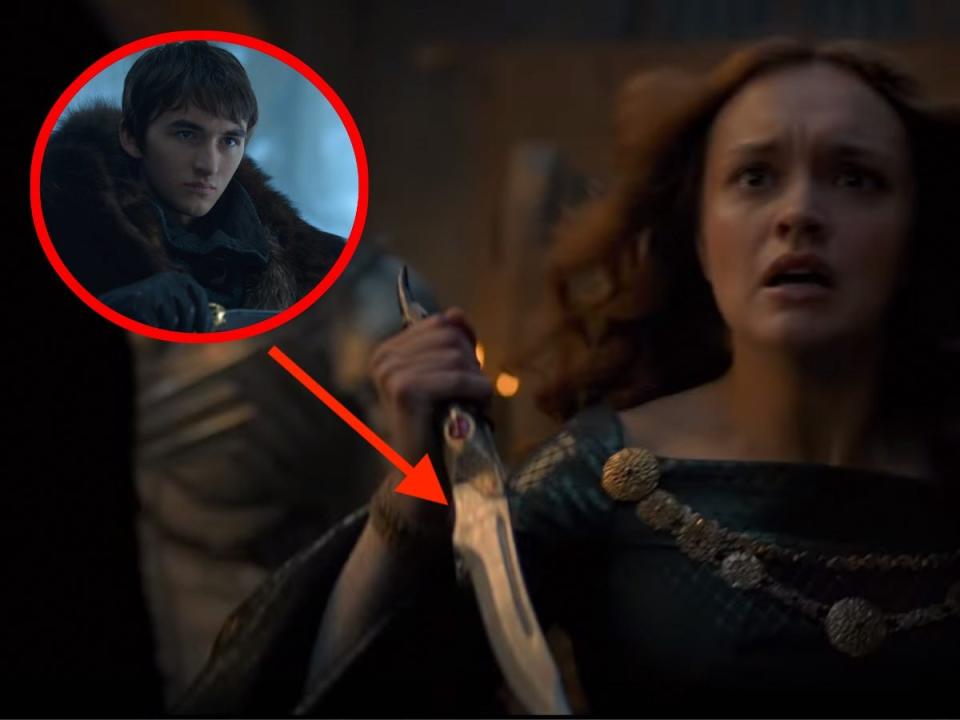 A side by side image of Bran Stark (a young man with short brown hair) holding a dagger, and Alicent Hightower (a young woman with long reddish brown hair) holding the same dagger.