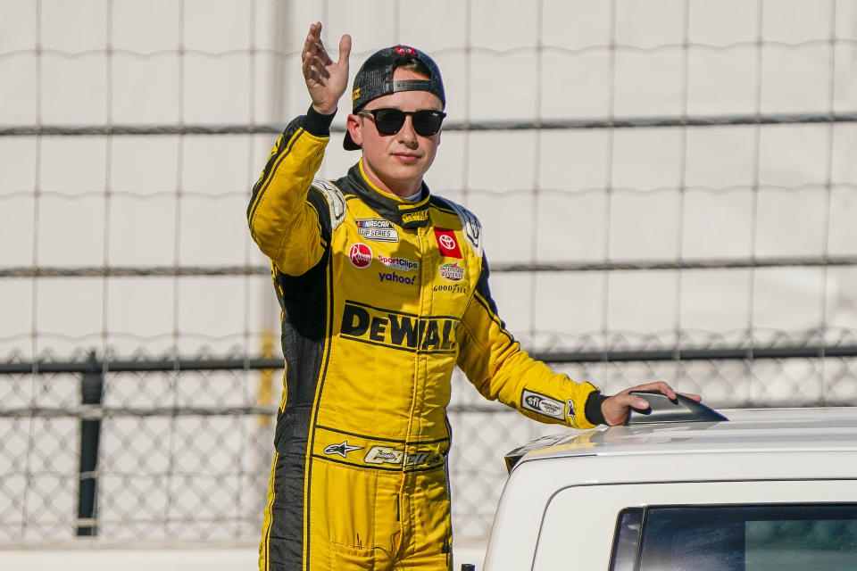 Christopher Bell is introduced before a NASCAR Cup Series Championship auto race at Phoenix Raceway, Sunday, Nov. 5, 2023, in Avondale, Ariz. (AP Photo/Darryl Webb)