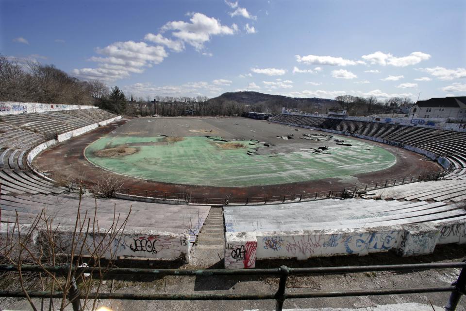 This Thursday, March 14, 2013 photo shows the deteriorating Hinchliffe Stadium, built as a public works project municipal stadium in 1932, in Paterson, N.J. (AP Photo/Mel Evans)