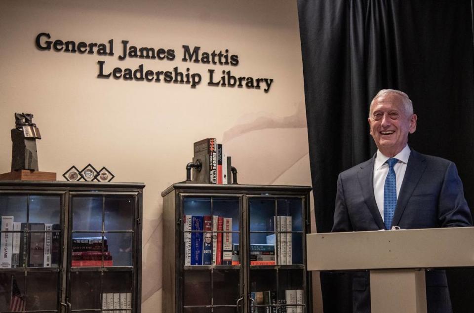 Retired Gen. James Mattis makes a joke during a dedication ceremony for the new General James Mattis Leadership Library in the Veterans Center on the Washington State University Tri-Cities campus in Richland.