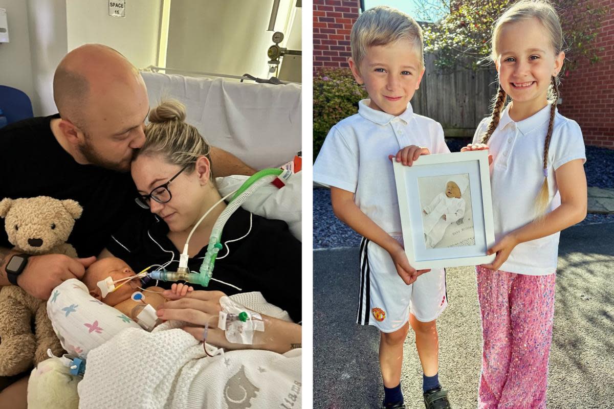 Tom and Becky Williams with daughter Mabel (left) and Elsie and Arthur Williams wear the wrong trousers in Mabel's memory (right) <i>(Image: Tom and Becky Williams)</i>