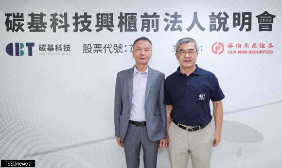 碳基科技董事長林振義（右）與碳基科技總經理鍾文隆（左）合影。