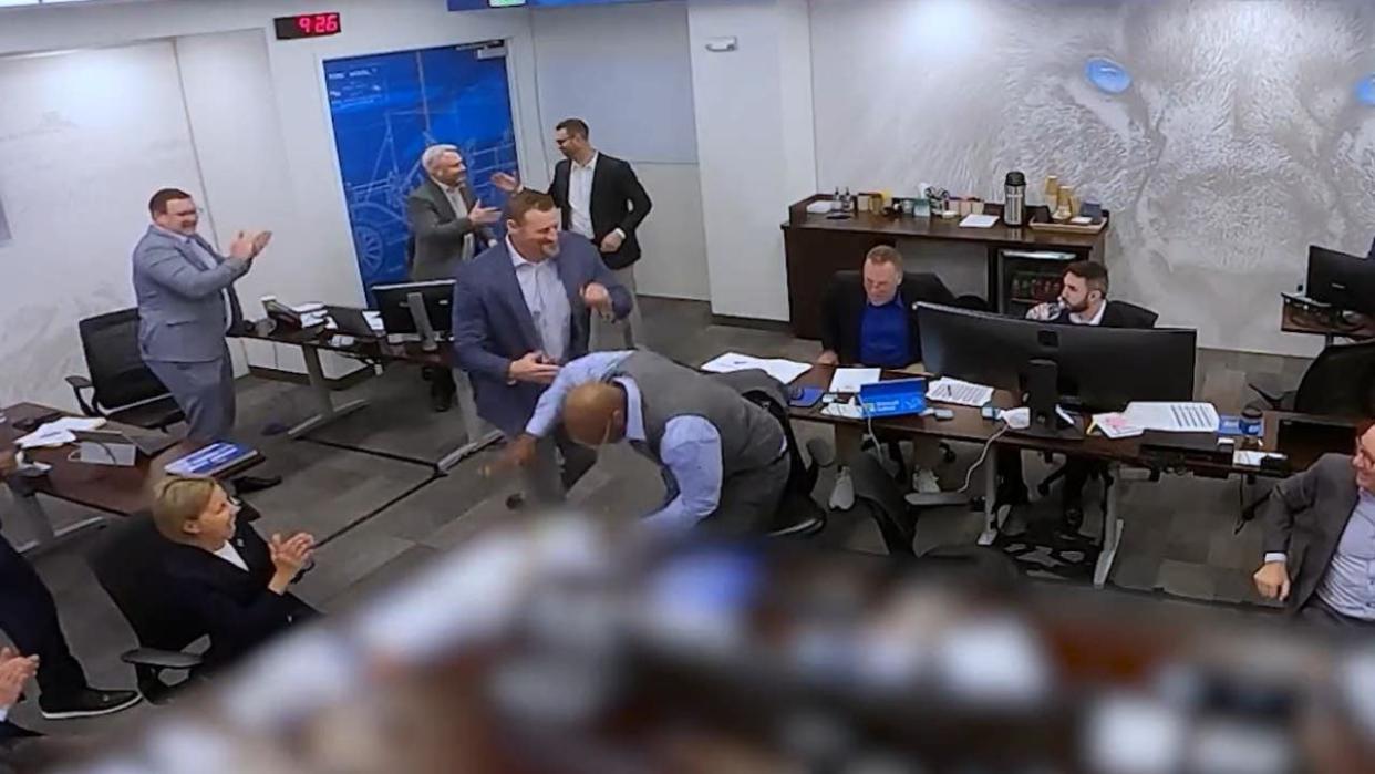 <div>Lions GM Brad Holmes pounds the table in excitement after the drafting of Jahmyr Gibbs (Screenshot from Lions X account).</div>