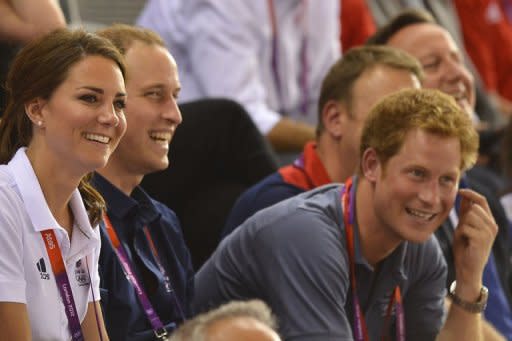 Great Britain's Prince William (second left), his wife Kate and brother Prince Harry celebrate their team's victory at the end of the gold final of the men's team sprint at the London 2012 Olympic Games on August 2. Hosts Britain will take a huge step towards restoring their track cycling supremacy if they come away with the coveted men's Olympic team pursuit gold later Friday