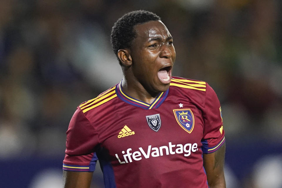 Real Salt Lake midfielder Anderson Julio reacts during the second half of the team's MLS soccer match against the LA Galaxy on Saturday, Oct. 14, 2023, in Carson, Calif. (AP Photo/Ryan Sun)