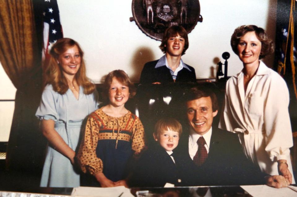 Martin Schreiber (2nd right) is pictured with his wife Elaine (far right) and their children in the Governor's office in Madison in either 1977 or 1978.