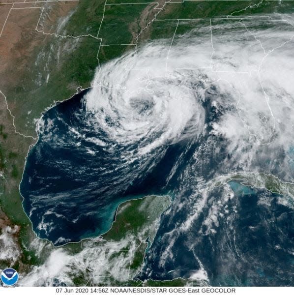 Tropical Storm Cristobal on June 7, 2020. Cristobal formed from the Central American gyre. It made landfall in Plaquemines Parish, Louisiana bringing more than a foot of rain to areas of southeastern Louisiana, southern Mississippi, and North Florida.