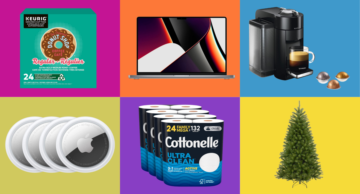 amazon keurig k-cup pods, apple macbook, nespresso coffee machine, apple airtags, cottonelle toilet paper, christmas tree, Amazon Canada's holiday deals have kicked off early (photos via Amazon)