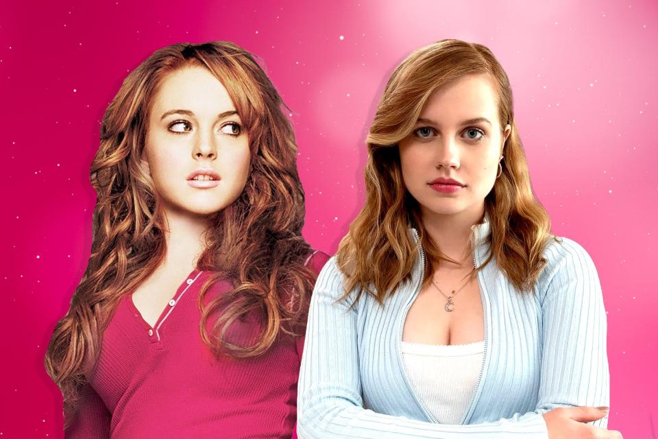 Cady Heron from 2004 and Cady Heron from 2024 from their respective Mean Girls films against a pink backdrop.
