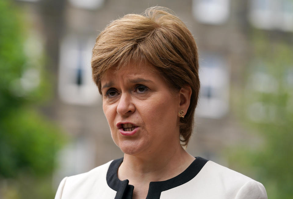 First Minister Nicola Sturgeon speaks to the media after her visit to St Margaret's House, Edinburgh, where she met EU Citizens who have applied and are applying for the EU Settlement Scheme with help from charities Feniks and Citizens' Rights Project. Picture date: Wednesday June 23, 2021.