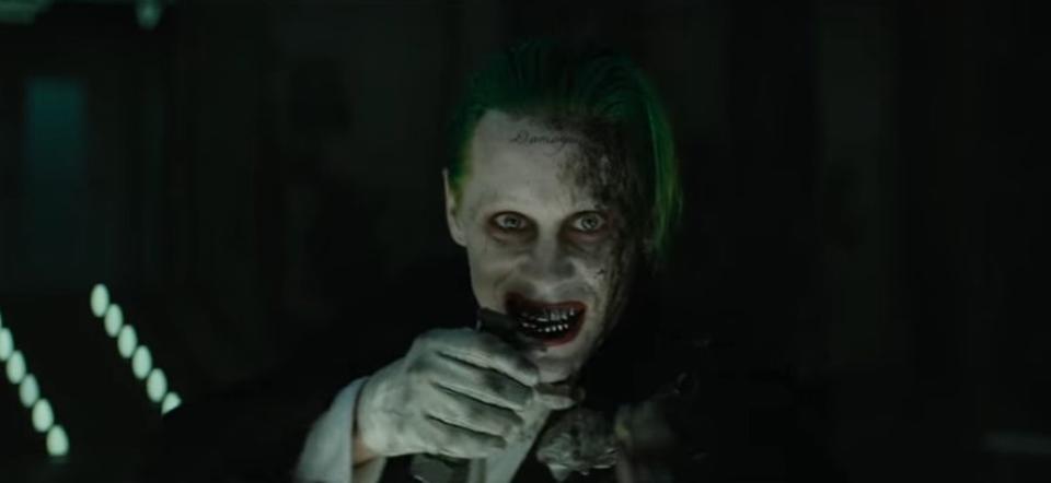 The Joker with the left side of his face burnt in "Suicide Squad"