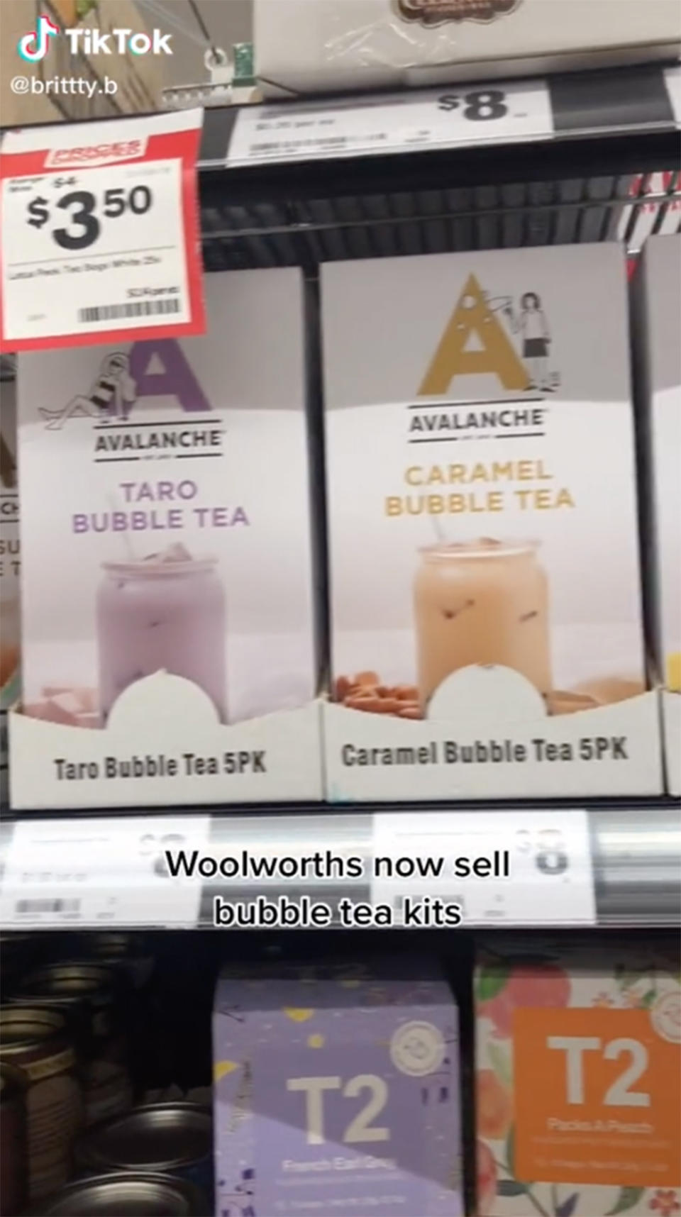 Avalanche bubble tea kits on the shelf at Woolworths