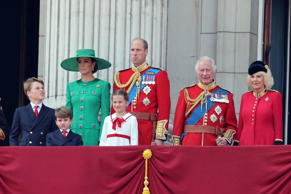 london, england june 17 prince george of wales, prince louis of wales, princess charlotte of wales, catherine, princess of wales, prince william, prince of wales and king charles iii with queen camilla stand on the balcony of buckingham palace to watch a fly past of aircraft by the royal air force during trooping the colour on june 17, 2023 in london, england trooping the colour is a traditional parade held to mark the british sovereigns official birthday it will be the first trooping the colour held for king charles iii since he ascended to the throne photo by neil mockfordgetty images