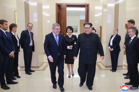 International Olympic Committee (IOC) President Thomas Bach meets with North Korean leader Kim Jong Un, in this undated photo released by North Korea's Korean Central News Agency (KCNA) in Pyongyang March 31, 2018. KCNA/via Reuters